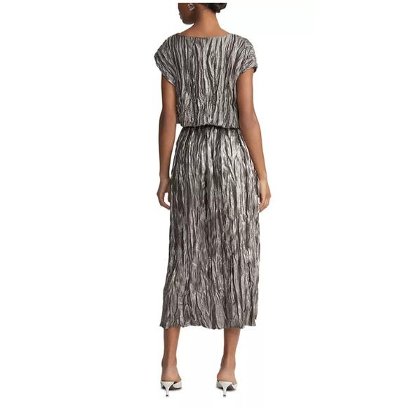 LAFAYETTE 148 WOMENS SMALL PLISSE GATHERED WAIST MIDI DRESS PEWTER METALLIC NEW - Picture 2 of 13
